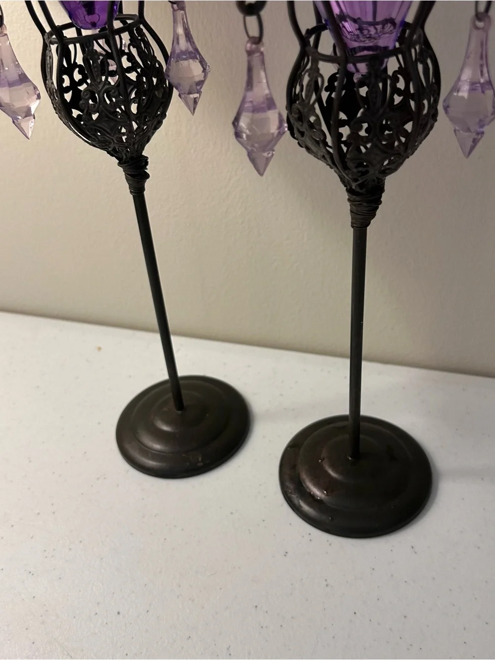 2 Purple Glass Cone Tealight Candle Holders Metal Stands Whimsy Glow Set